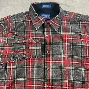 PENDLETON Lodge Shirt Mens L Grey Red Plaid Virgin Wool Excellent Stewart Tartan